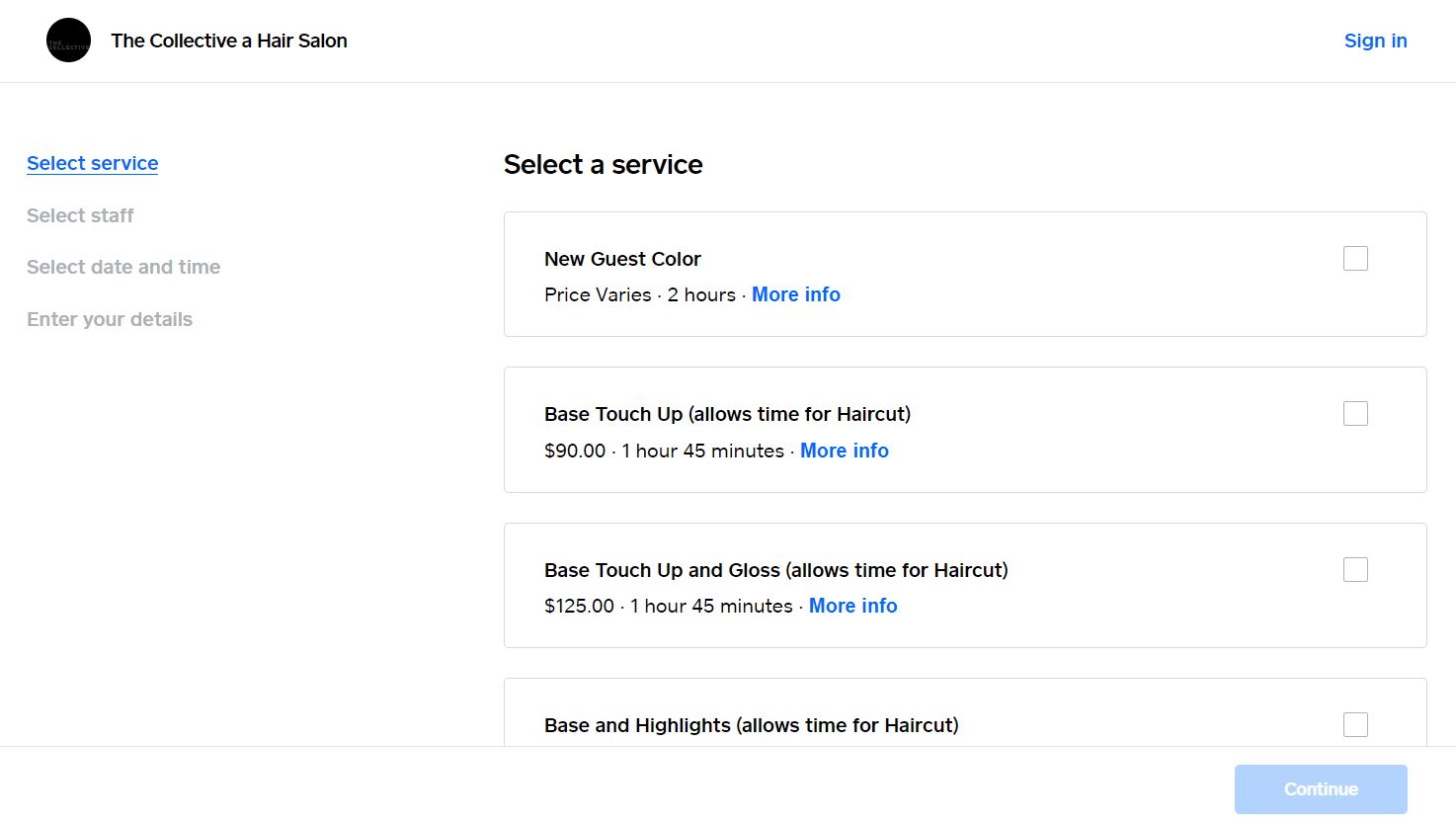 A screenshot of The Collective’s online booking page showing various booking options, the amount of time the service takes, and the price.