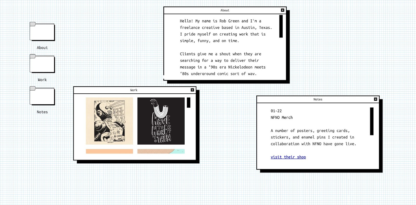An image of Rob Green's personal portfolio site. Instead of a H1 he has individual boxes with an "about," "previous work," and a "notes" section.