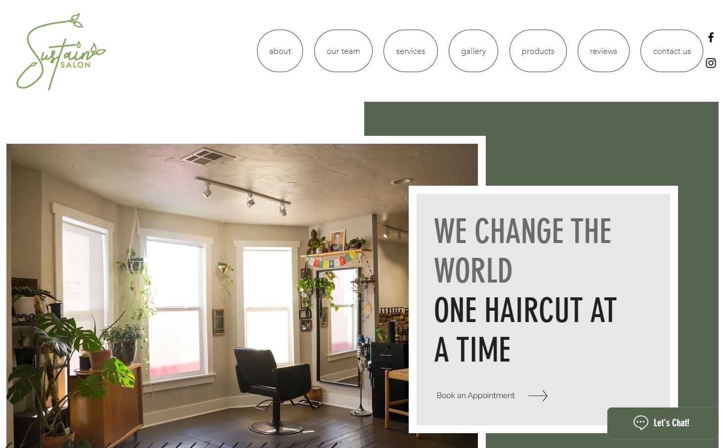 A screenshot of Sustain Salon’s website that shows a photo of the salon interior, which features earth colors, plants, and prayer flags.