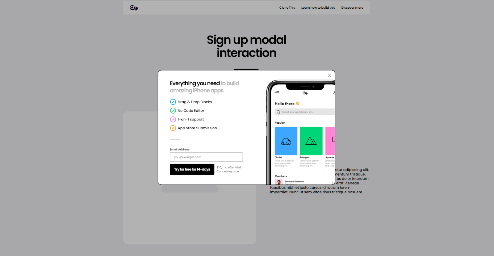 A colorful pop-up modal in the center of the page has an image of a smartphone screen on the right and a headline on the left that reads, “Everything you need to build amazing iPhone apps.”