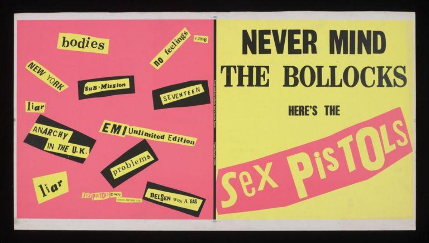 Album art for the Sex Pistols. The left half features a salmon colored background and black text highlighted in yellow collaged across the space. The right half is the inverse, with a soft yellow background and black text, as well as yellow texts highlighted in the same salmon color.
