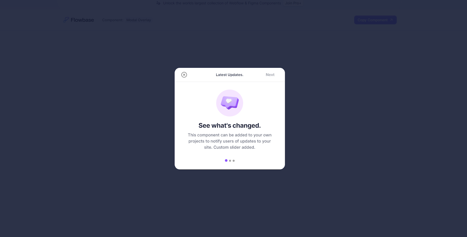 A pop-up in the center of a screen that consists of three pages filled with placeholder text.