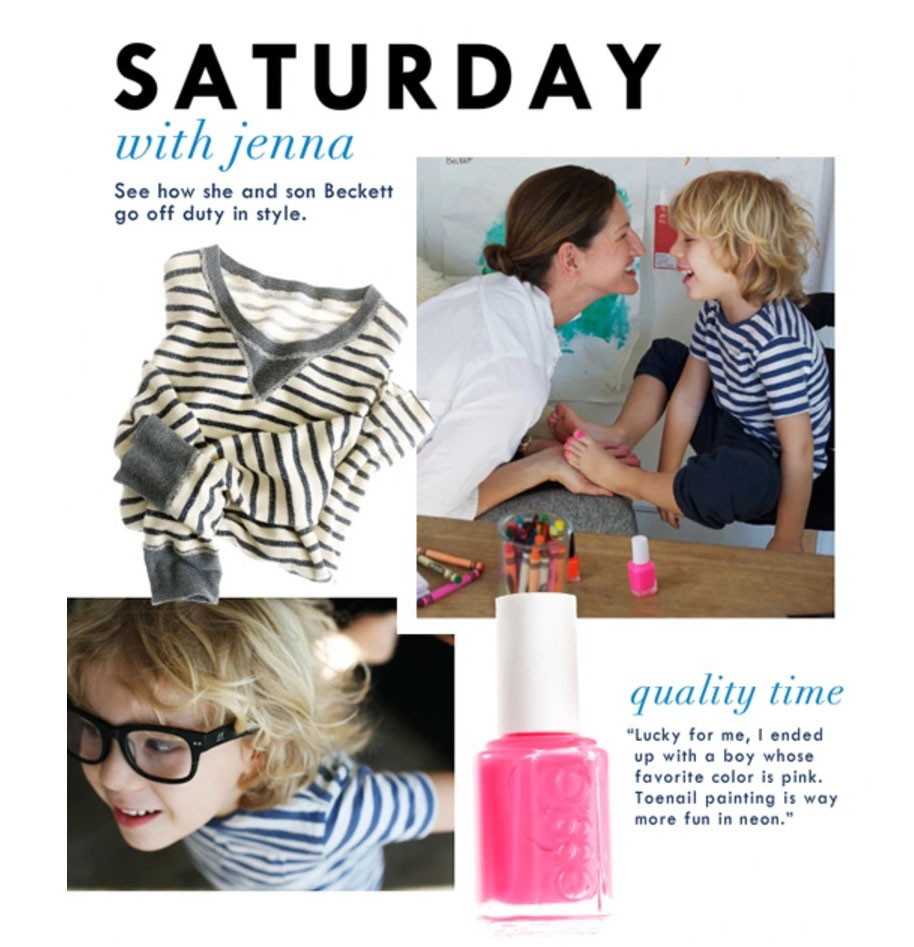 A J Crew ad featuring a photo of Creative Director Jenna Lynn painting her blonde haired son’s toenails pink beside an image of the striped shirt he’s wearing and above an image of the bottle of pink nail polish she uses on her son.