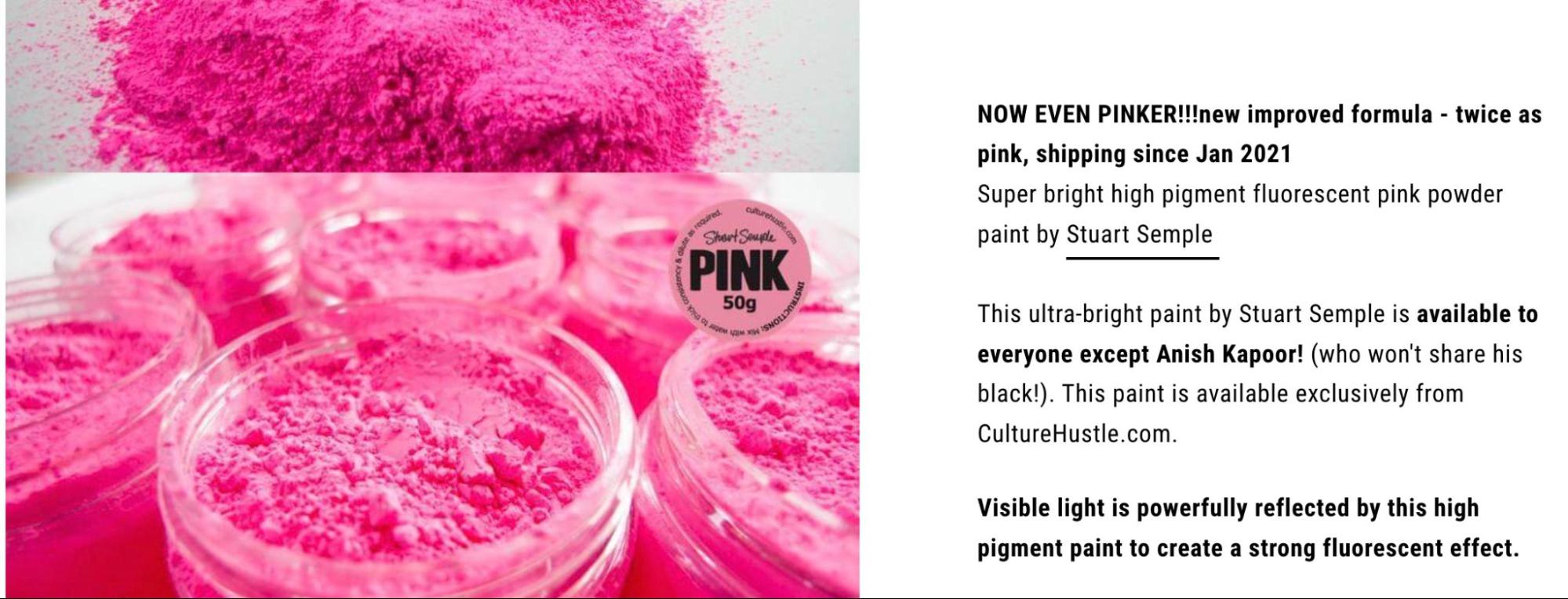 A screenshot from Stuart Semple’s shop of a description for the “pinkest pink” pigment he invented alongside images of plastic containers of the powdered pink pigment.