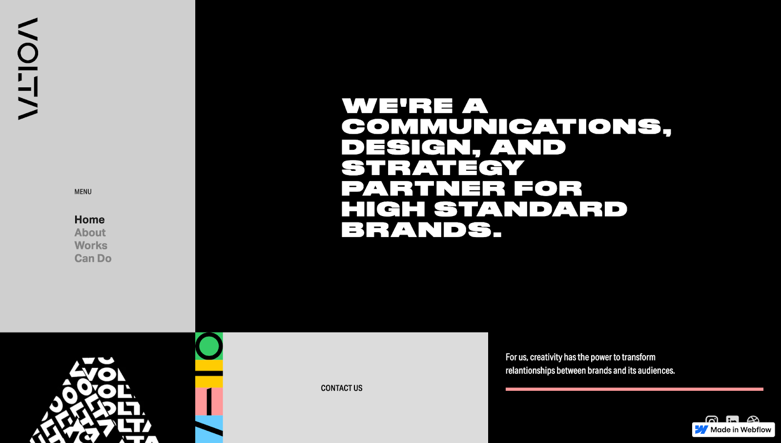 Volta Agency’s online marketing web portfolio shows the website split into a menu, cover page, and contact segment, with miscellaneous text and animations throughout.