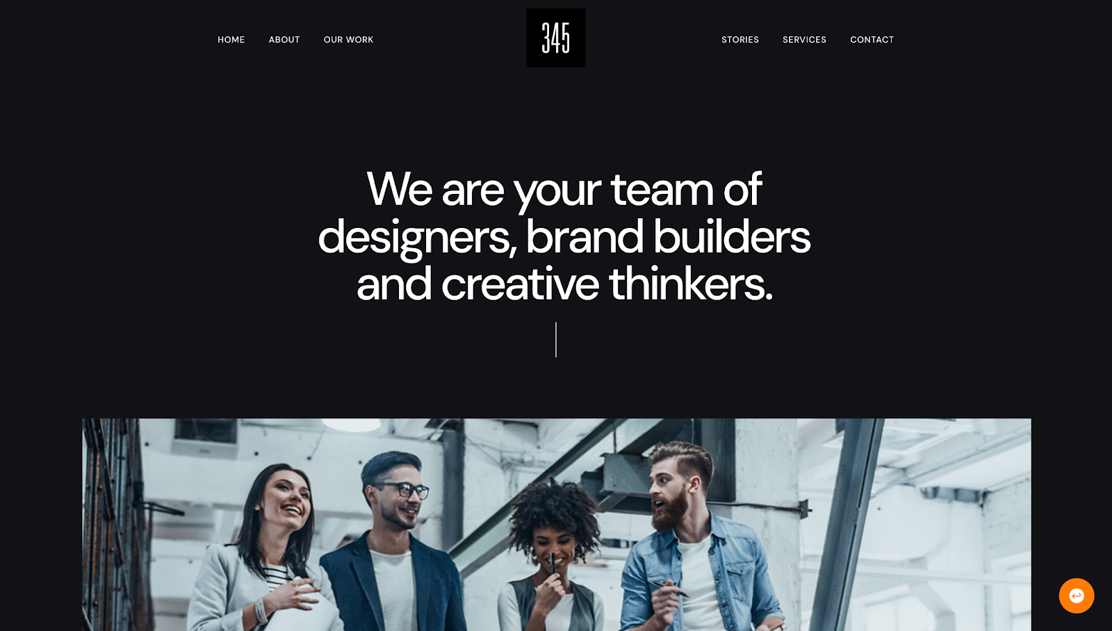 345 Marketing’s portfolio website homepage says, “We are your team of designers, brand builders and creative thinkers.” The text is white against a black background with a menu above it and an image below it.