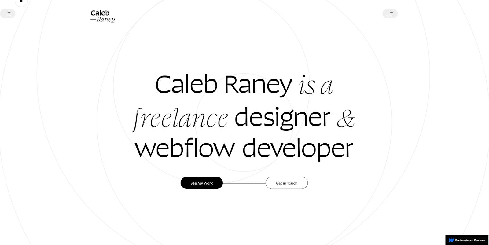 Caleb Raney’s online portfolio uses a multi-font headline: “Caleb Raney is a freelance designer & Webflow developer.”