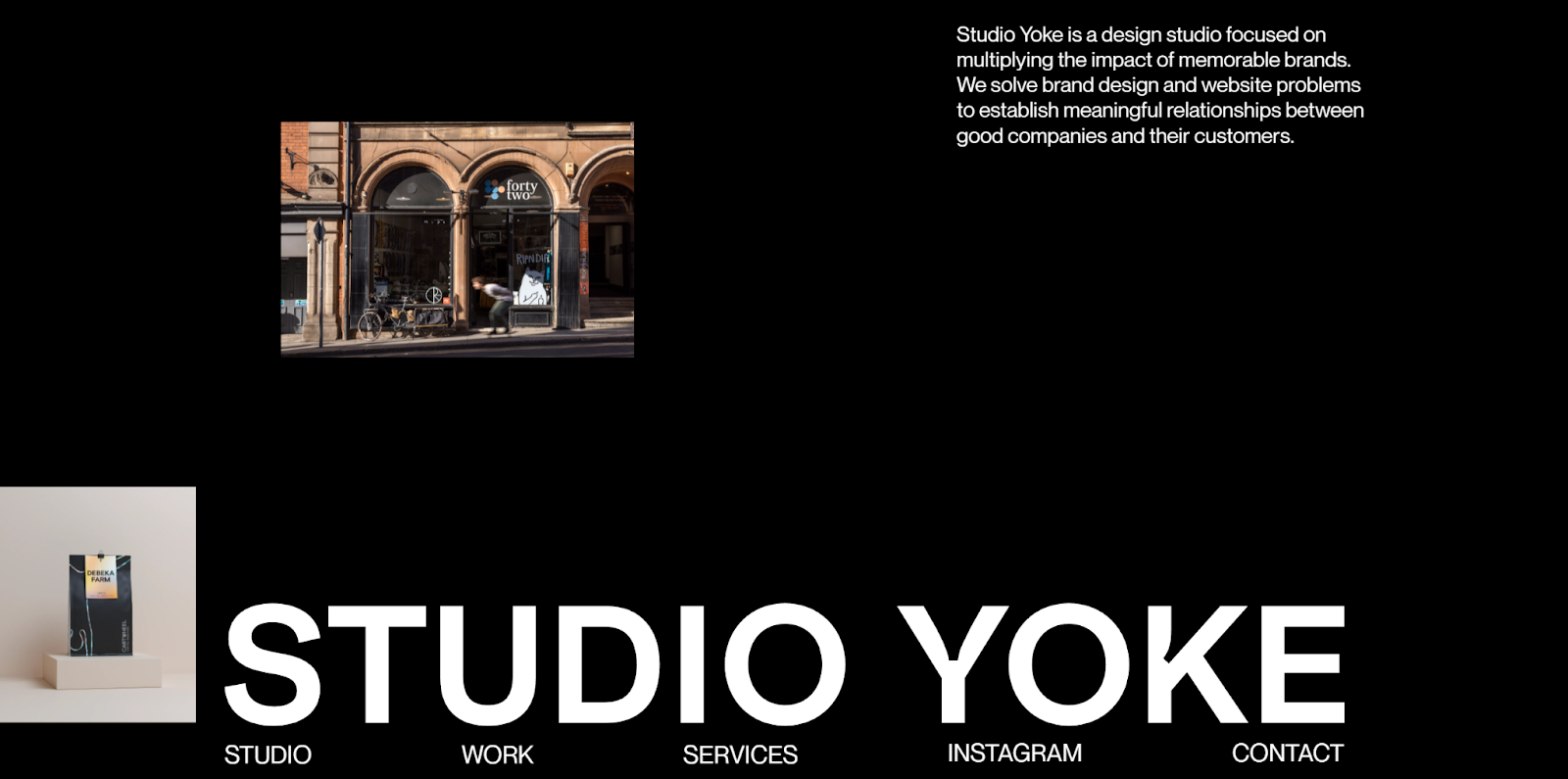 The Studio Yoke homepage has its brand name at the bottom and a scrolling gallery of images on the left.