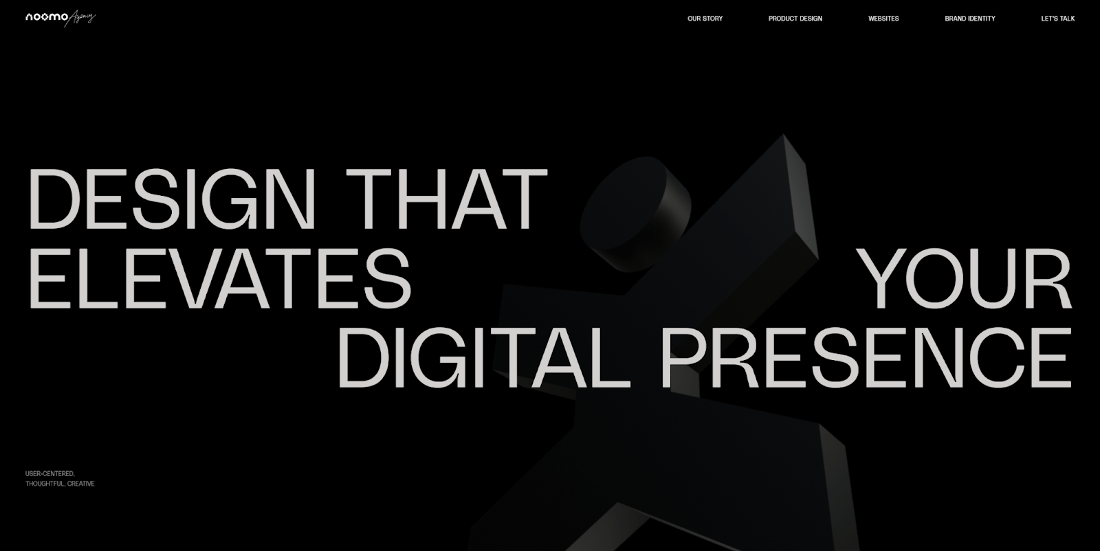 The Noomo agency homepage opens with the headline, “Design that elevates your digital presence.”