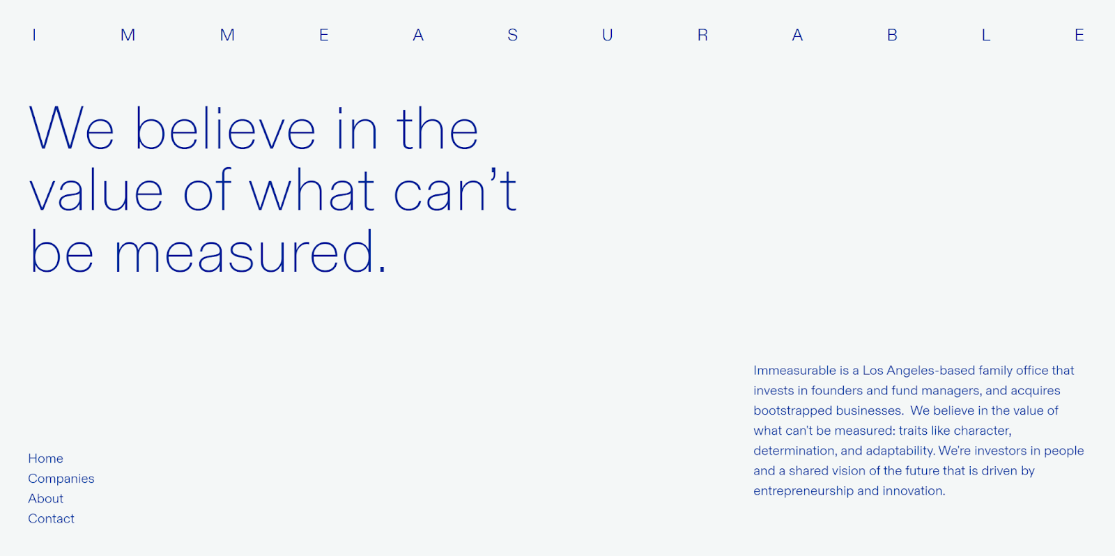 The Immeasurable homepage is all negative space except for a paragraph, navigation, and headline.