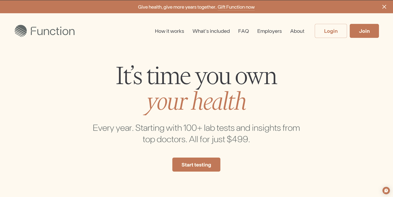 The Function Health homepage begins with the headline, “It’s time you own your health.”