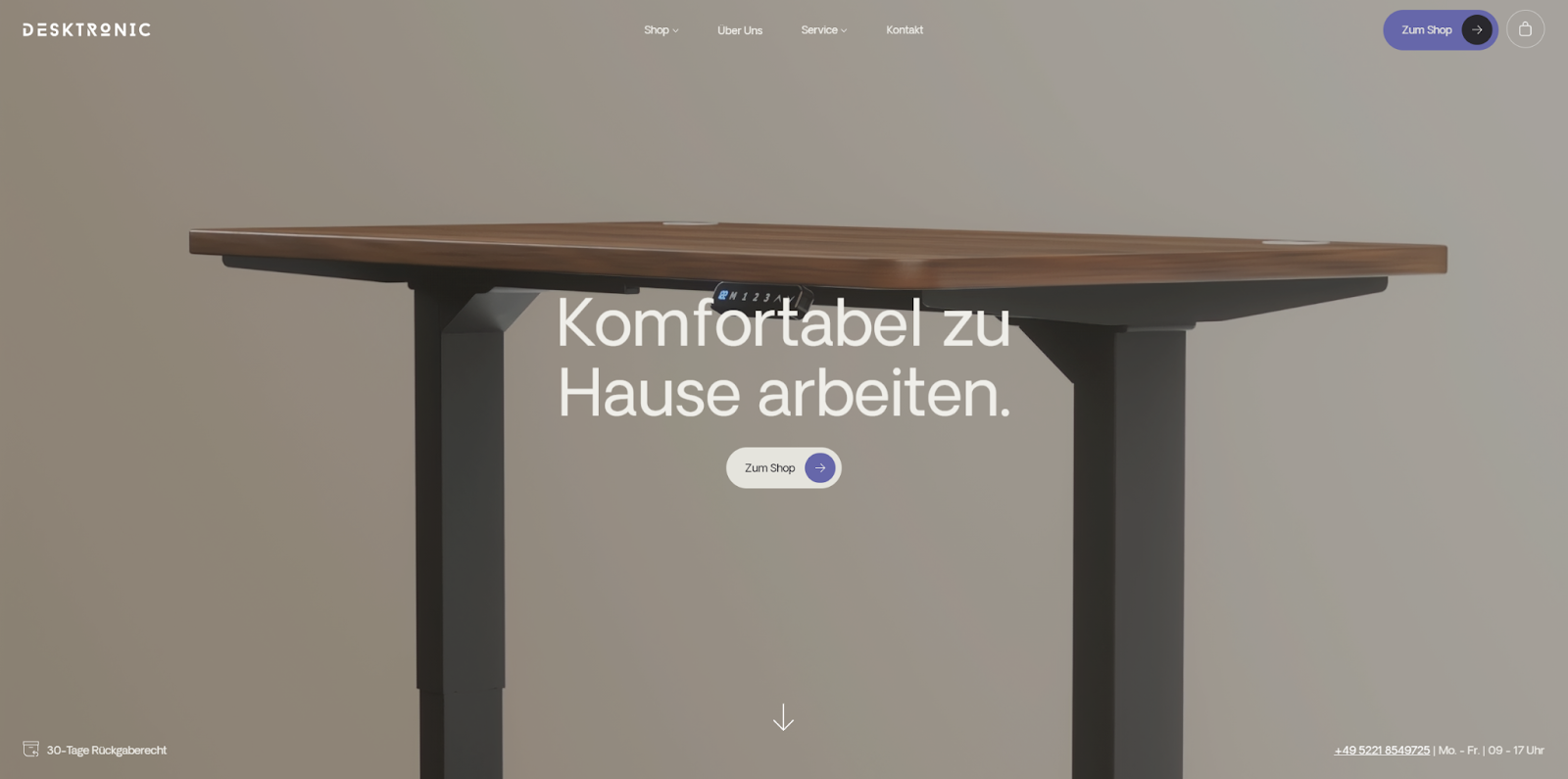 The Desktronic website begins with a German headline that translates to “Work comfortably at home” over an image of one of the manufacturer’s desks.