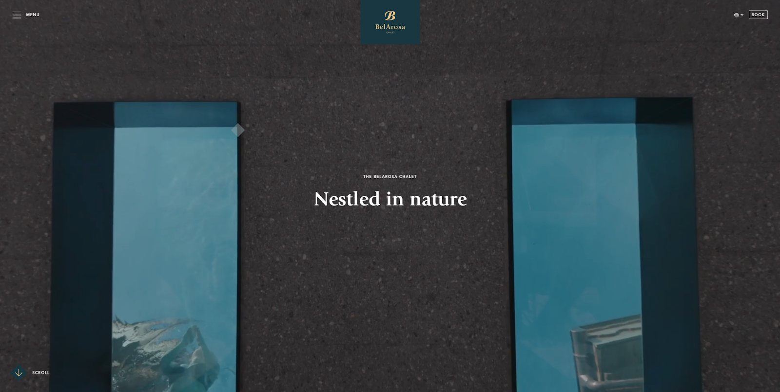 The BelArosa Chalet homepage places the headline “Nestled in nature” over a video depicting one of its rooftop swimming pools.
