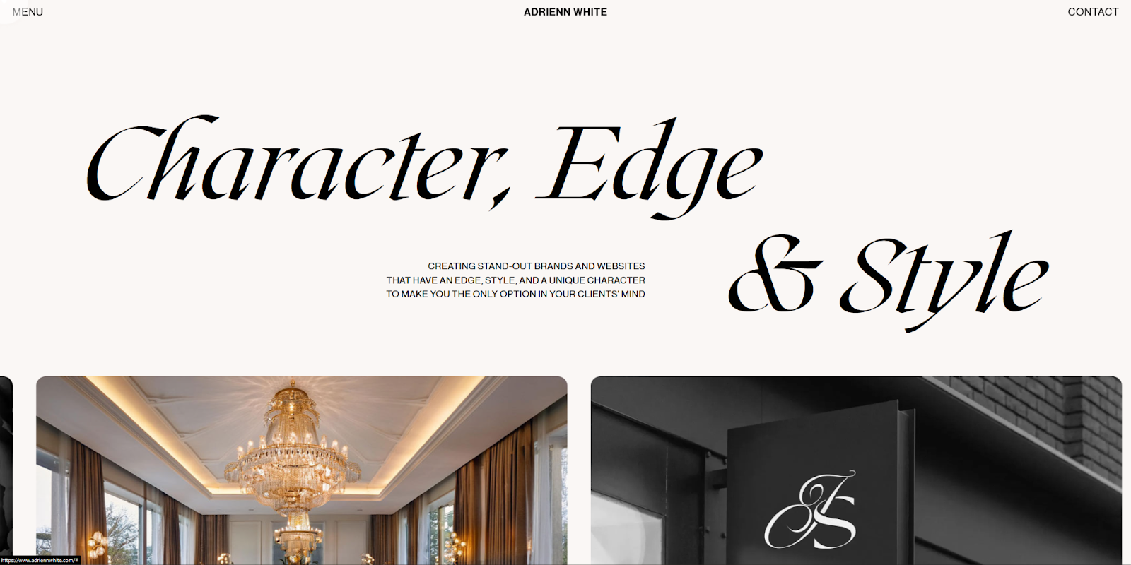 Adrienn White’s website begins with the headline, “Character, Edge & Style,” followed by images of past work.