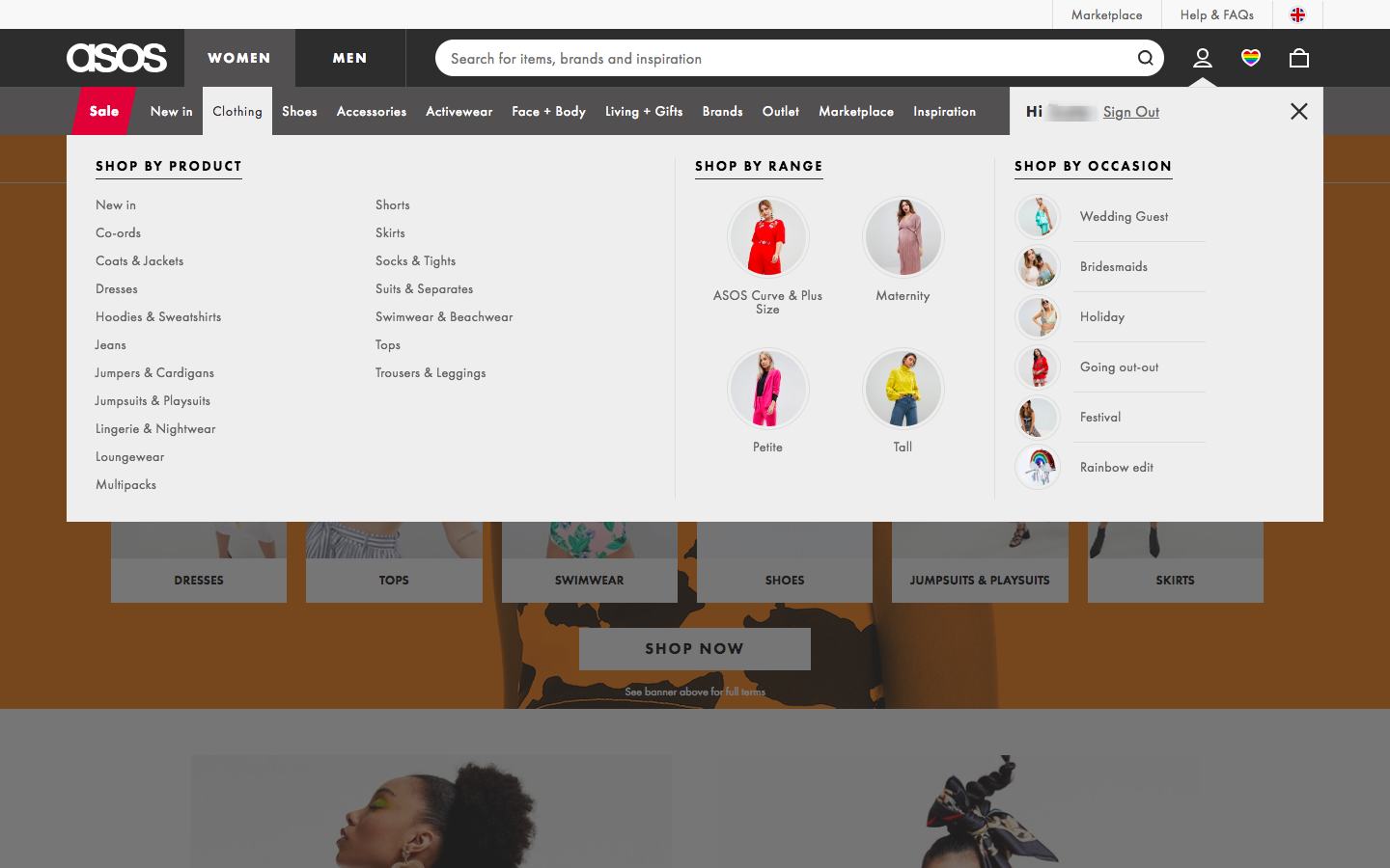 asos navigation bar
