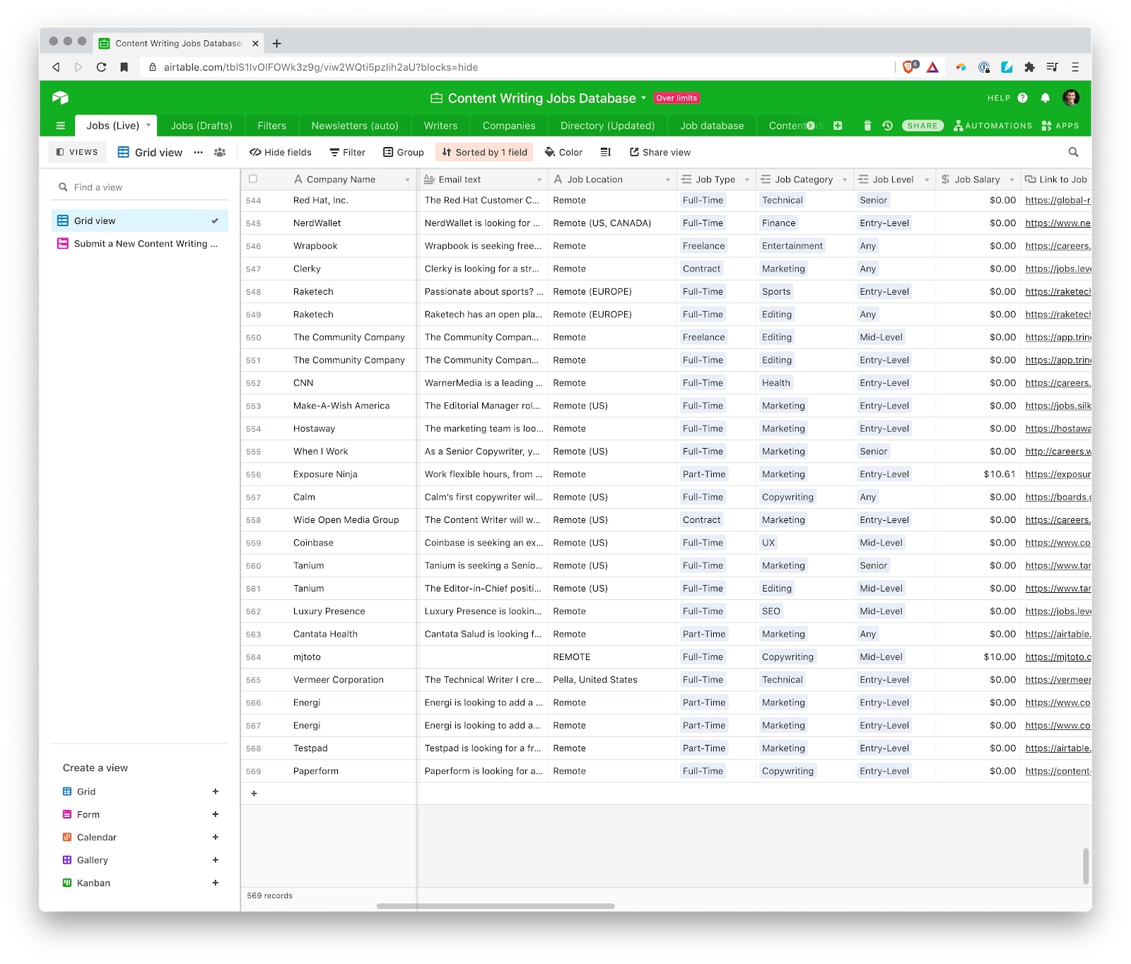 an airtable base with writing jobs