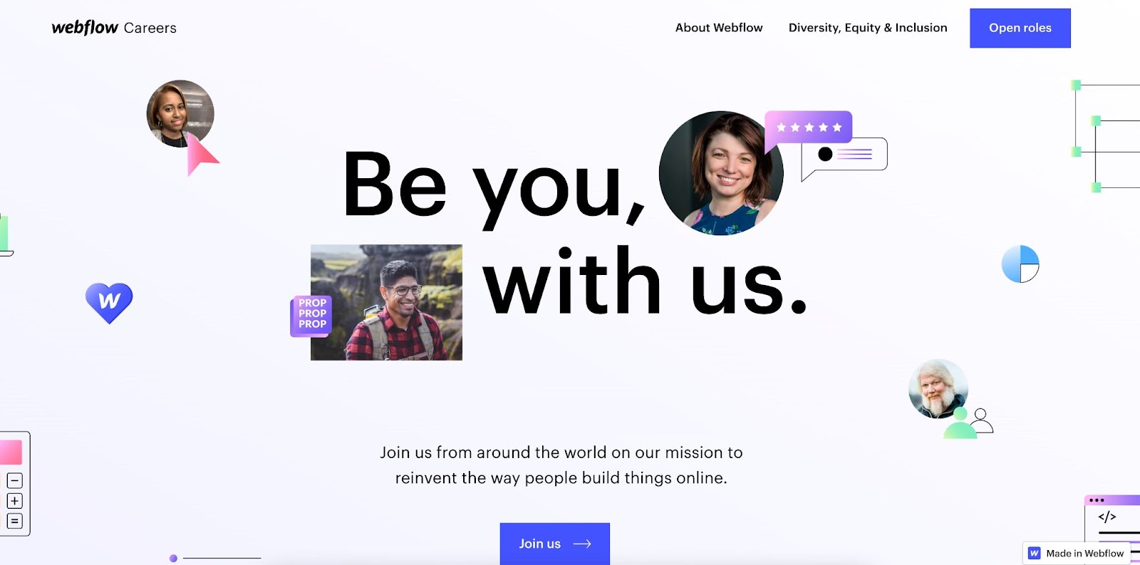 Webflow careers page with headline "Be you, with us." with circle photos of team members and positive emojis around it.