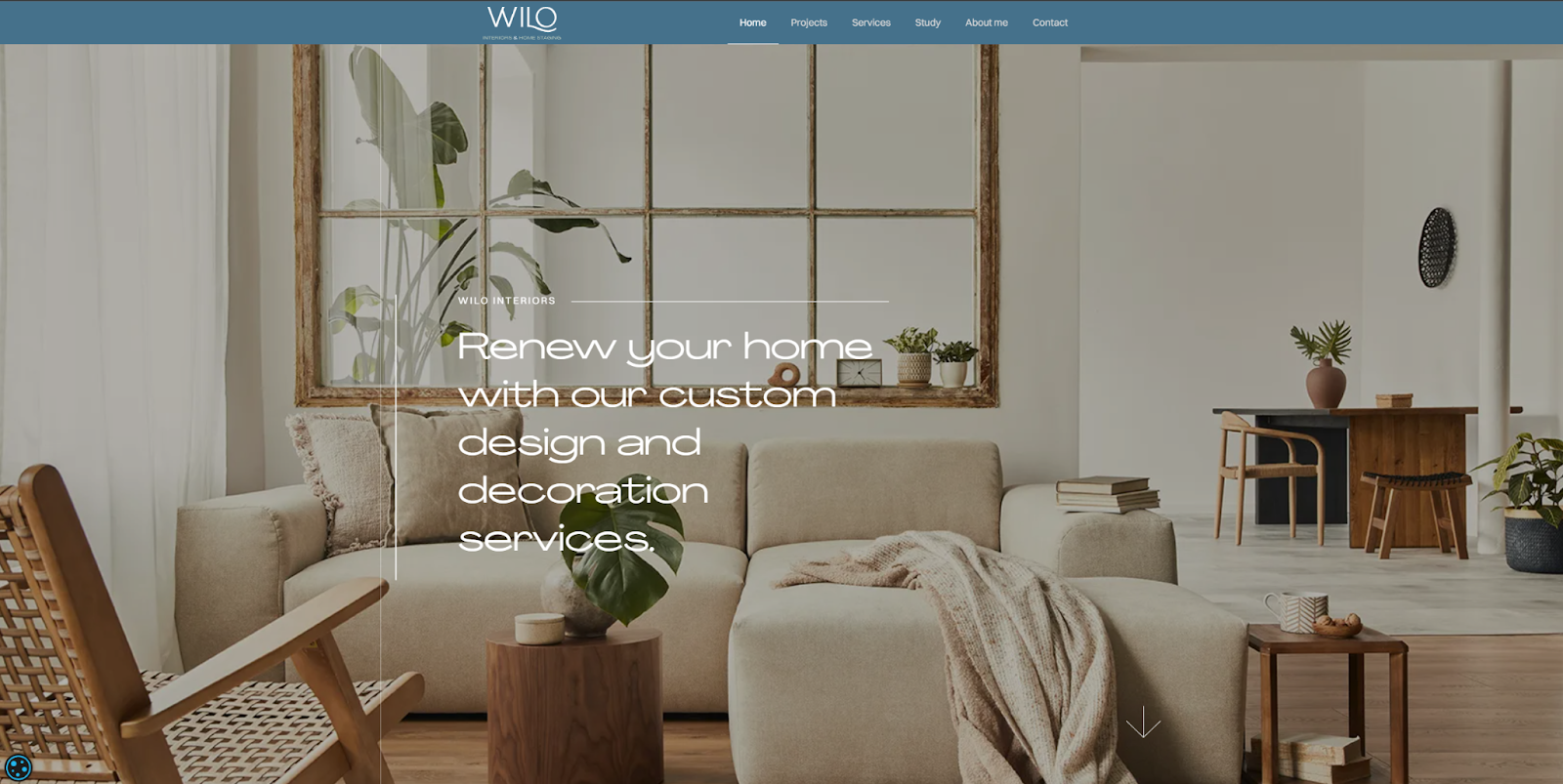 The Wilo homepage overlays the headline “Renew your home with our custom design and decoration services” on an image of a cozy living room.
