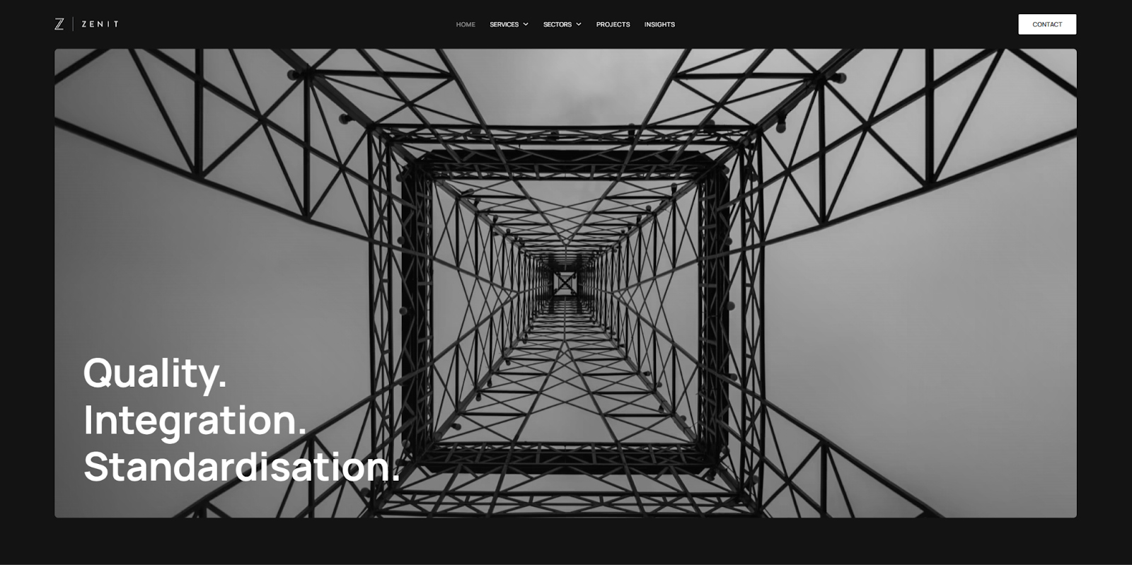 The Zenit homepage overlays the headline “Quality. Integration. Standardisation” on a photograph of the inside of a radio tower.