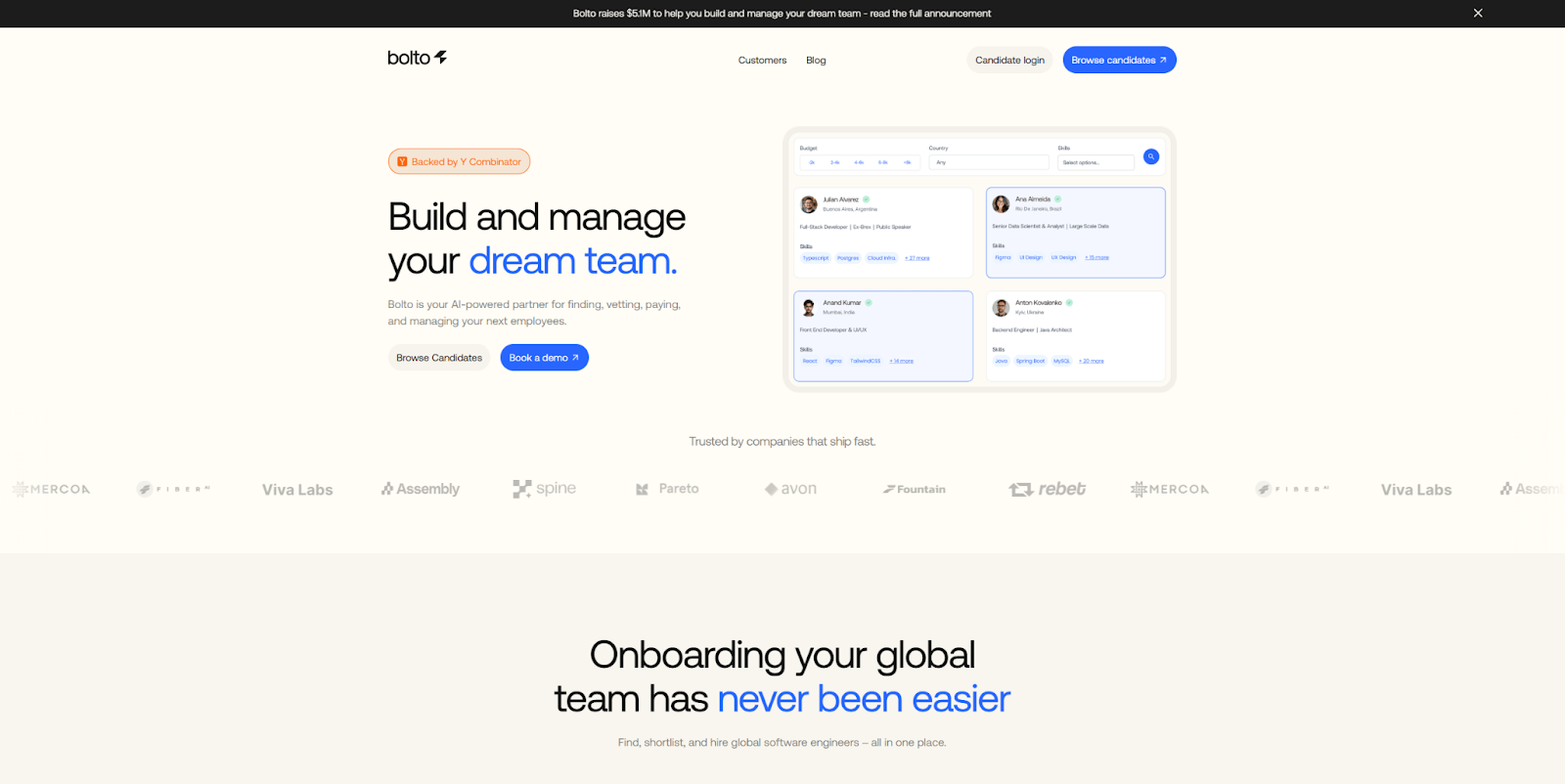 The Bolto homepage begins with the headline “Build and manage your dream team,” next to an image depicting the tool.