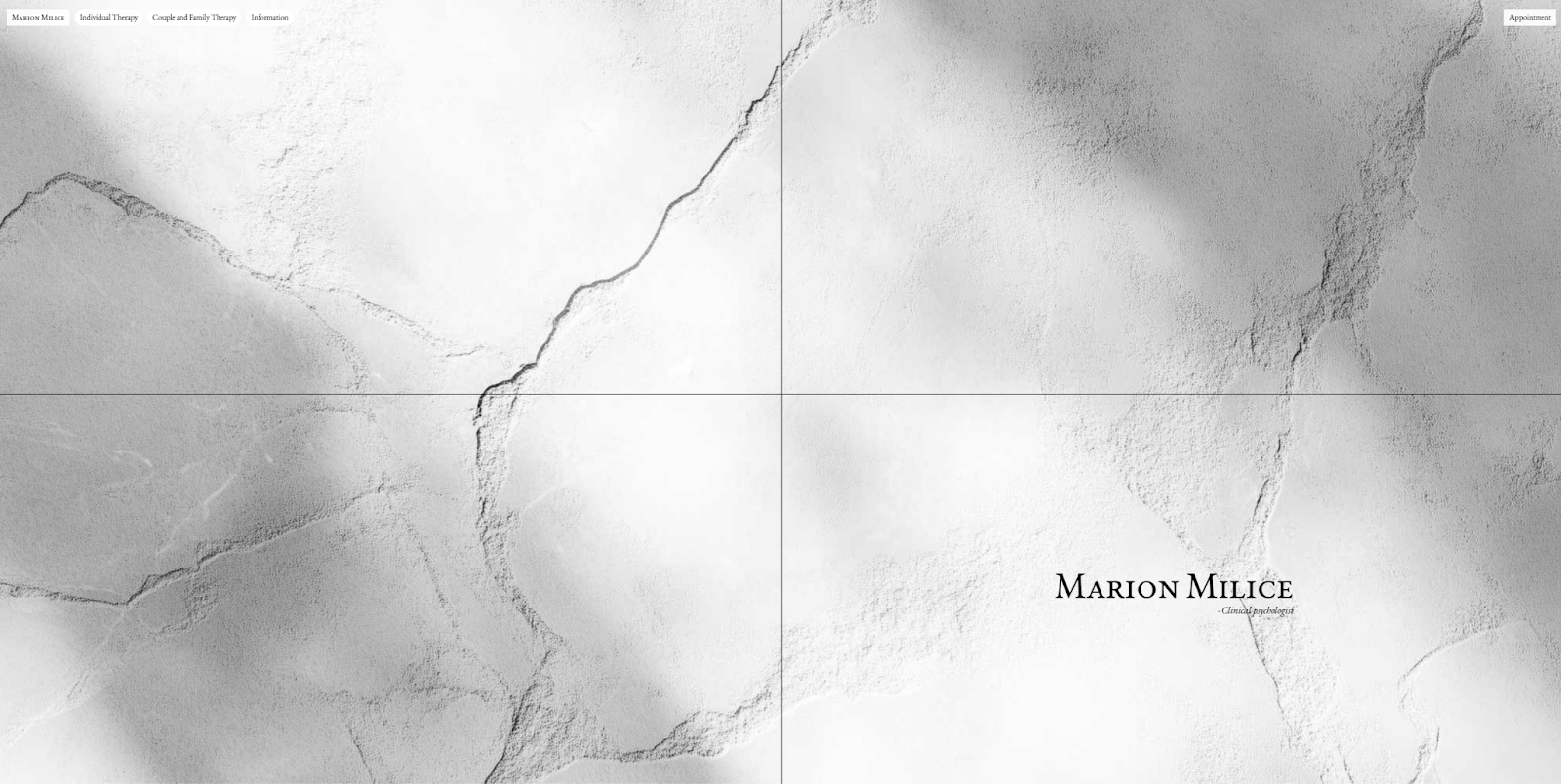 Marion Milice’s website features their name on a slab of colorless, gray slate.