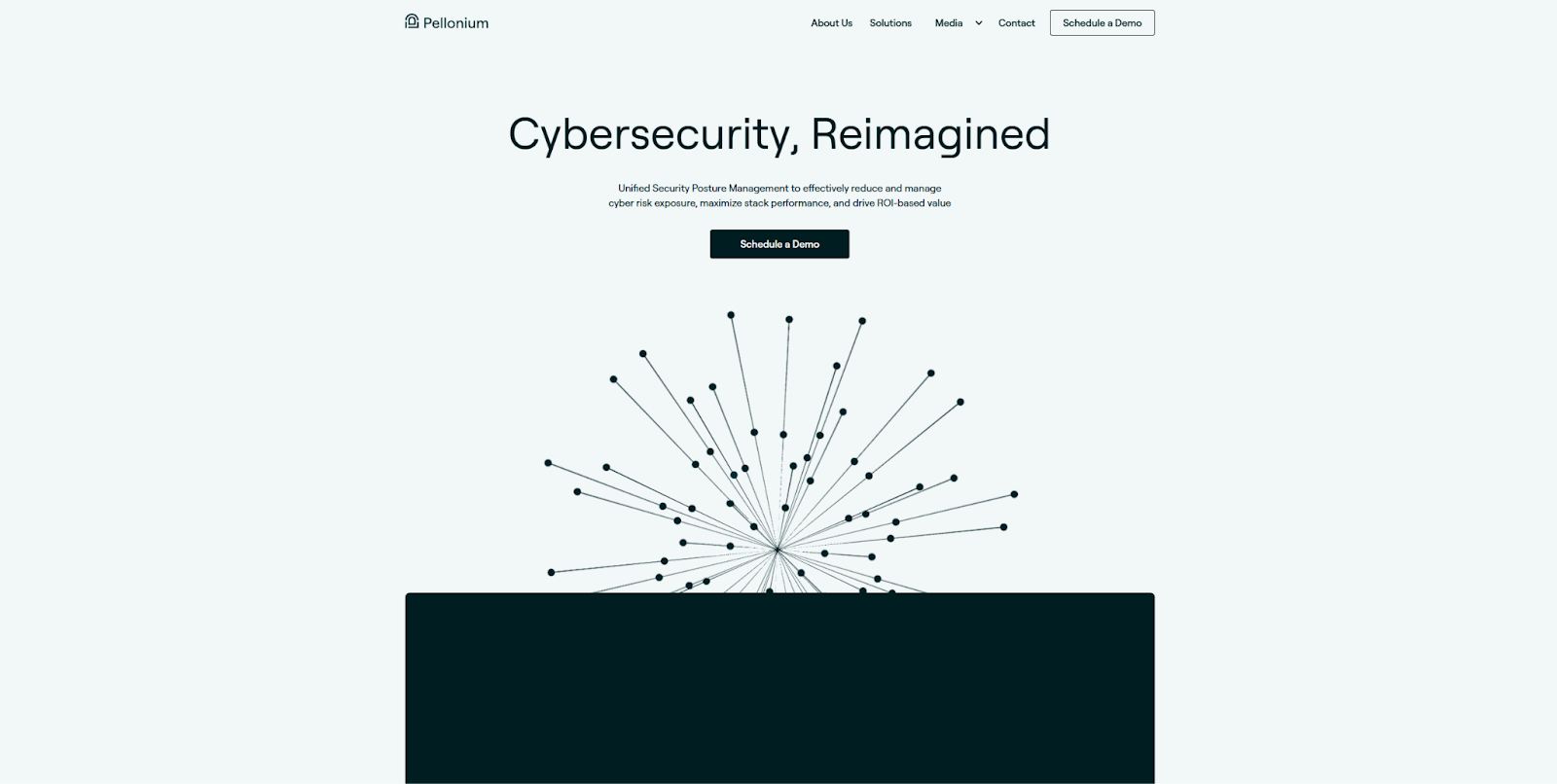 The Pellonium homepage begins with the headline “Cybersecurity, reimagined,” followed by a cluster of dots arranged in a sphere.
