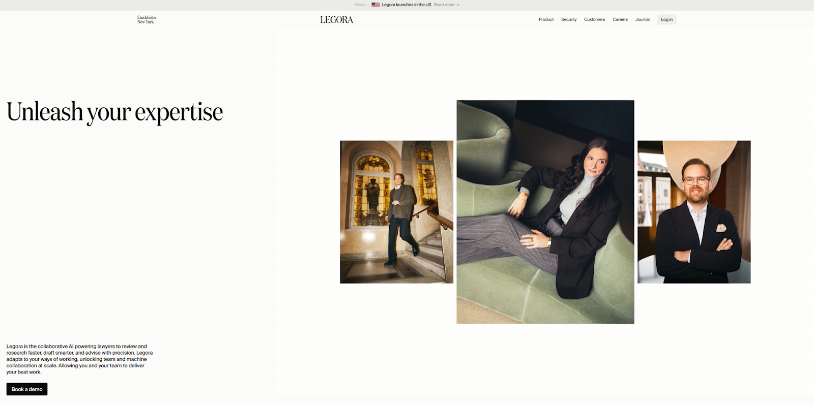 The Legora homepage places images of formally dressed professionals beside the headline, “Unleash your expertise.”