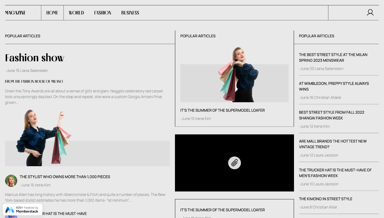 The Fashion Magazine website has a newspaper-style column design against a gray background.