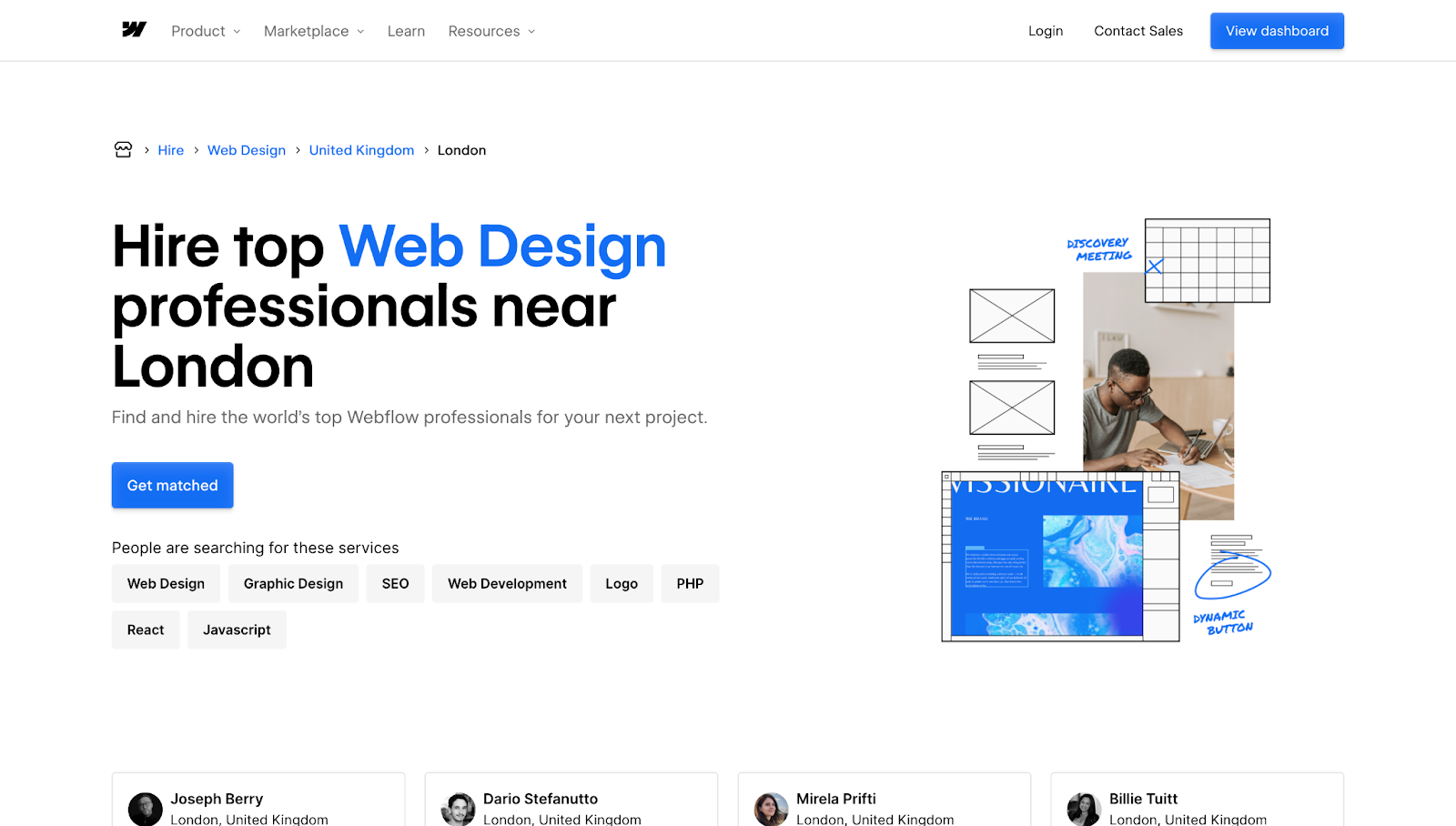 Webflow’s location-specific hiring page showing web design professionals for hire in London.
