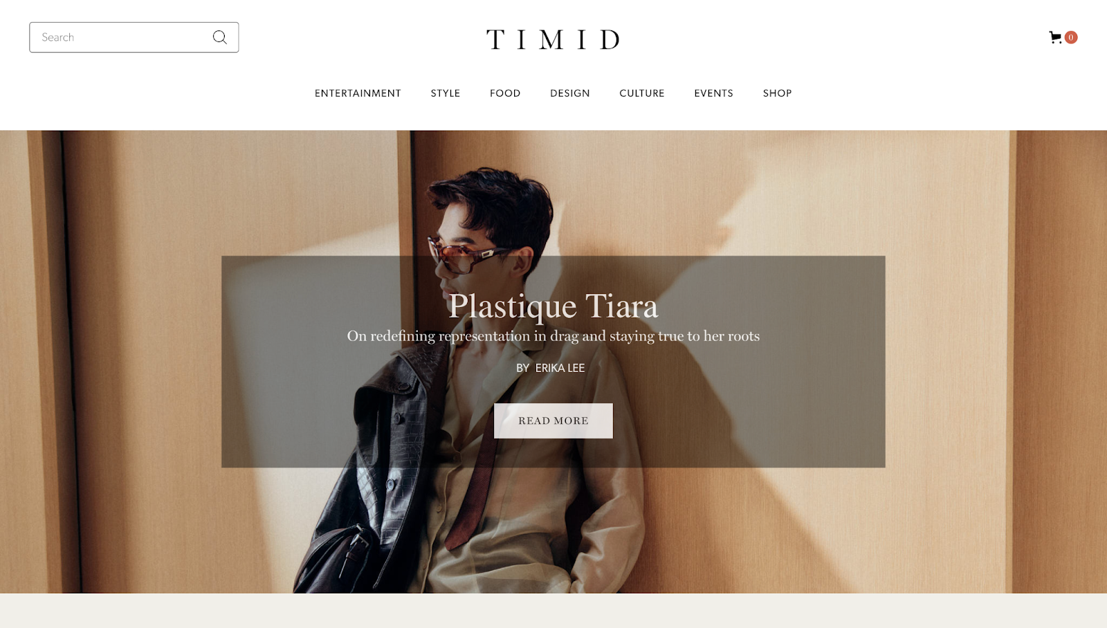 The Timid Magazine website has a hero image of a man standing against a wall with a website header and a CTA overlay.