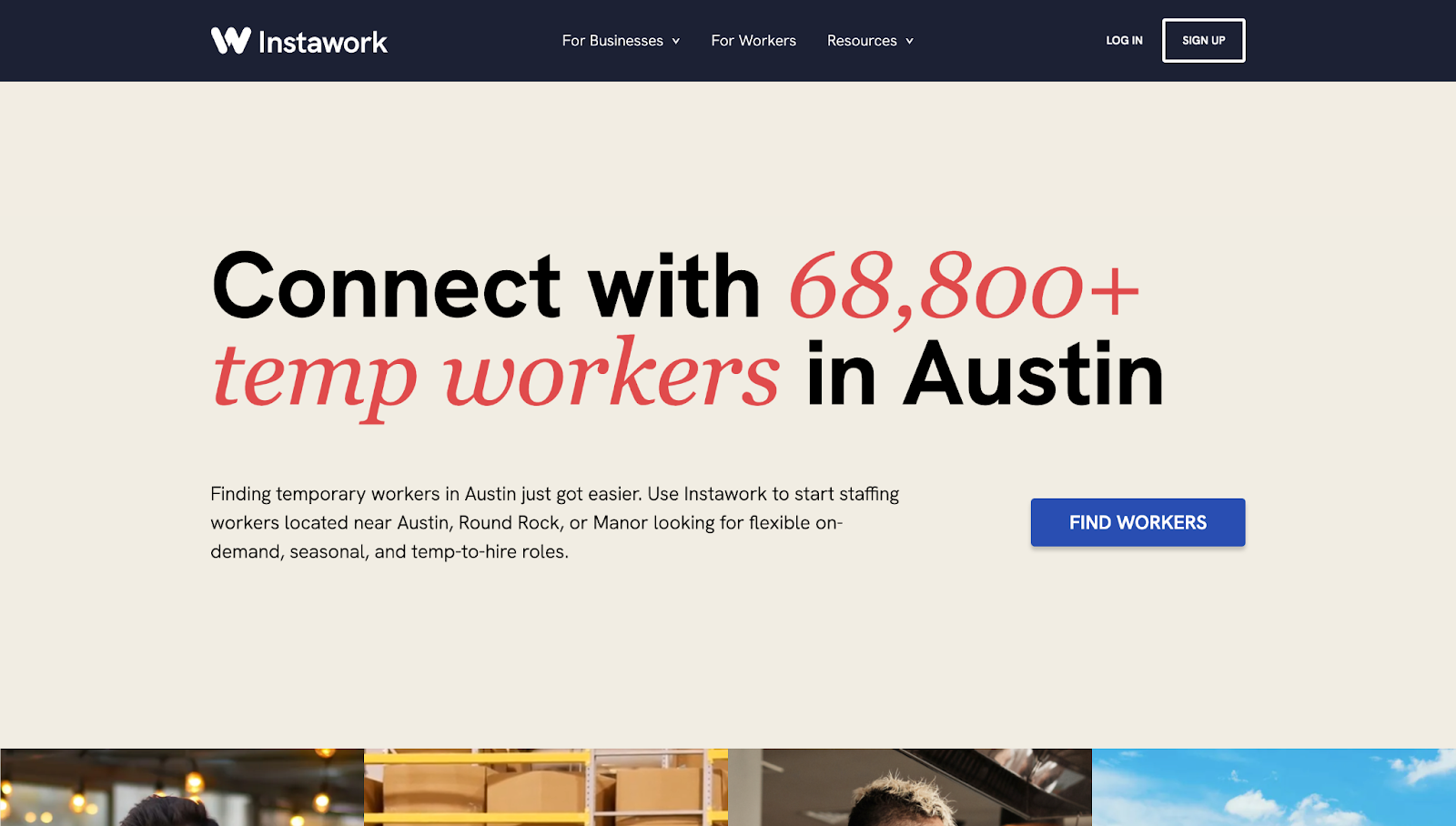 Instawork’s Austin location page shows temporary workers for hire.