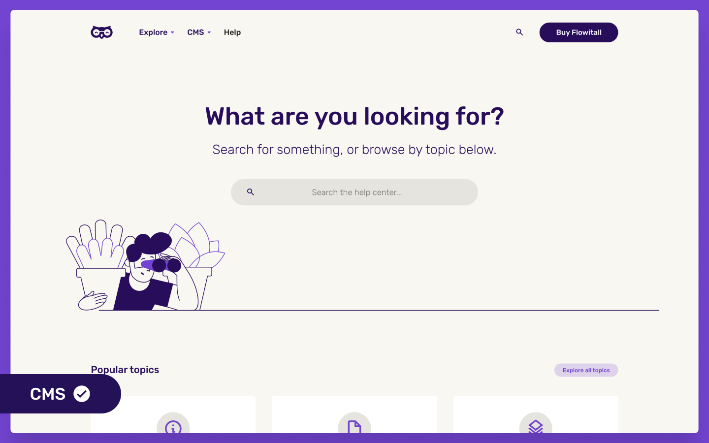 A Flowitall help center homepage that shows a clean, simple design featuring a search bar and the words “What are you looking for?”