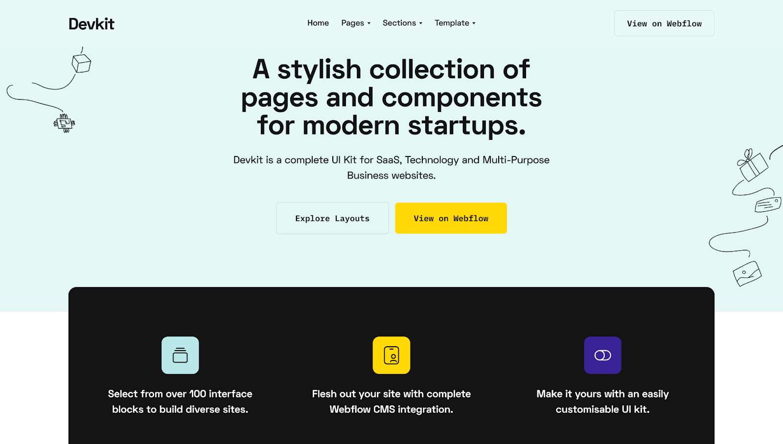 The DevKit template’s homepage highlights its collection of pages and components and outlines a three-step process for building intranet designs.