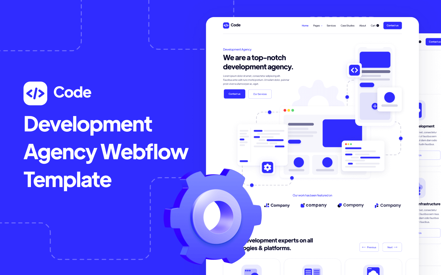 A landing page that uses technology-theme graphics like settings wheels and code brackets.