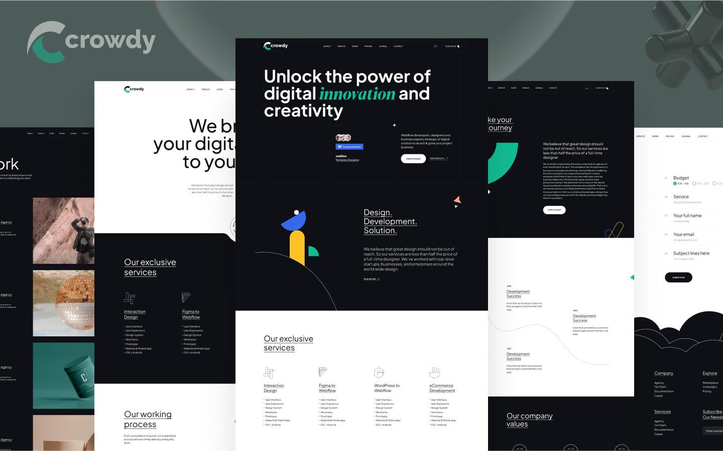 A collection of web page templates that feature colorful graphics and interesting copy like, “Unlock the power of digital innovation and creativity.”