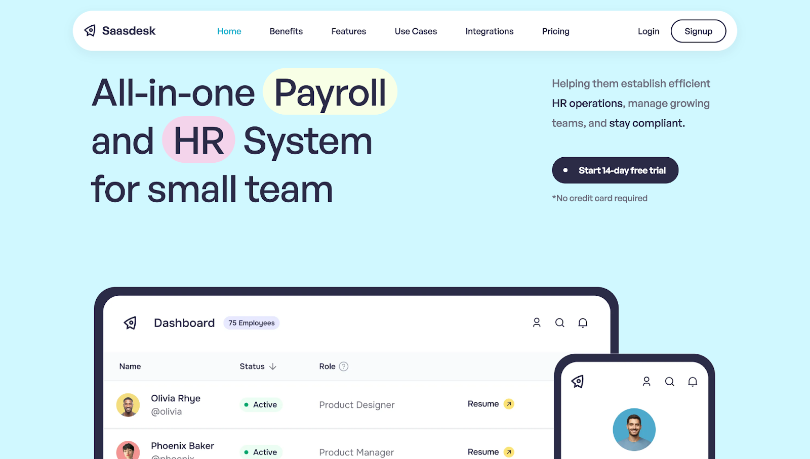 The Sasdesk landing page shows a mockup of the template’s menu and employee dashboard for desktop and mobile screens.