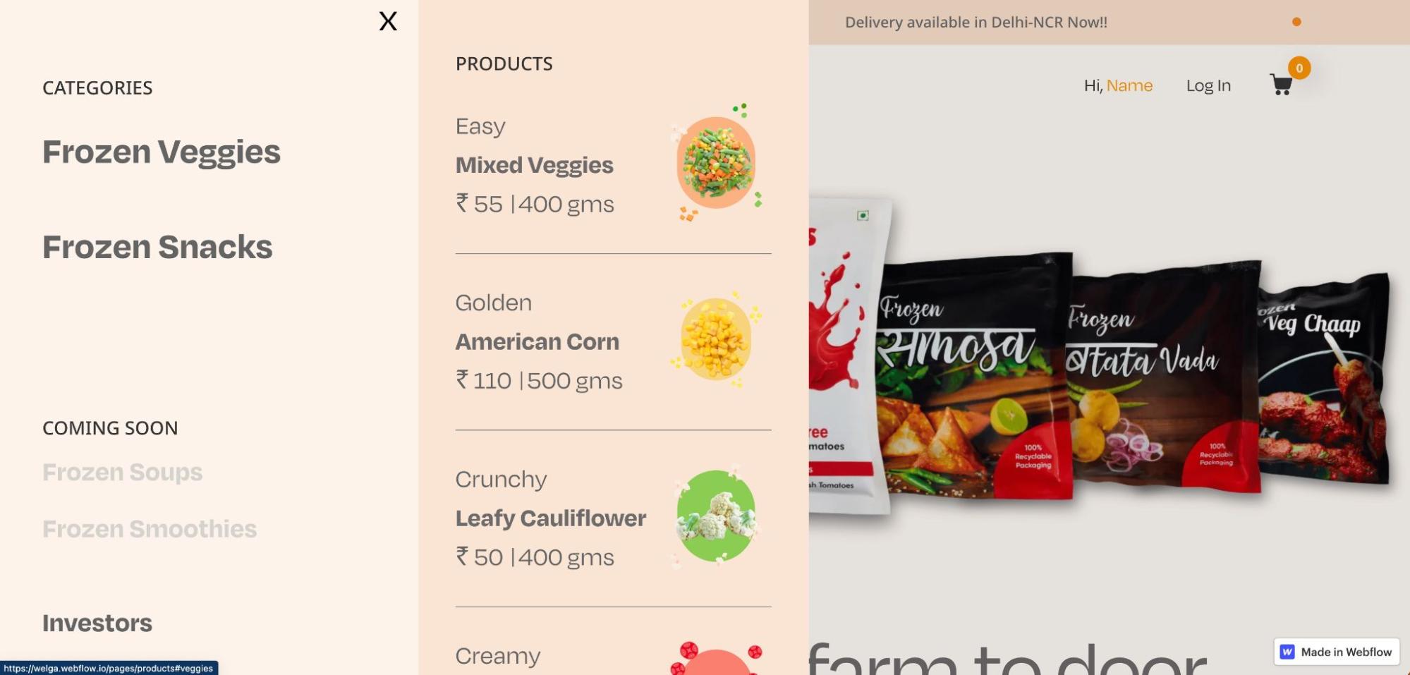 E-commerce website build showing a collapsible side menu