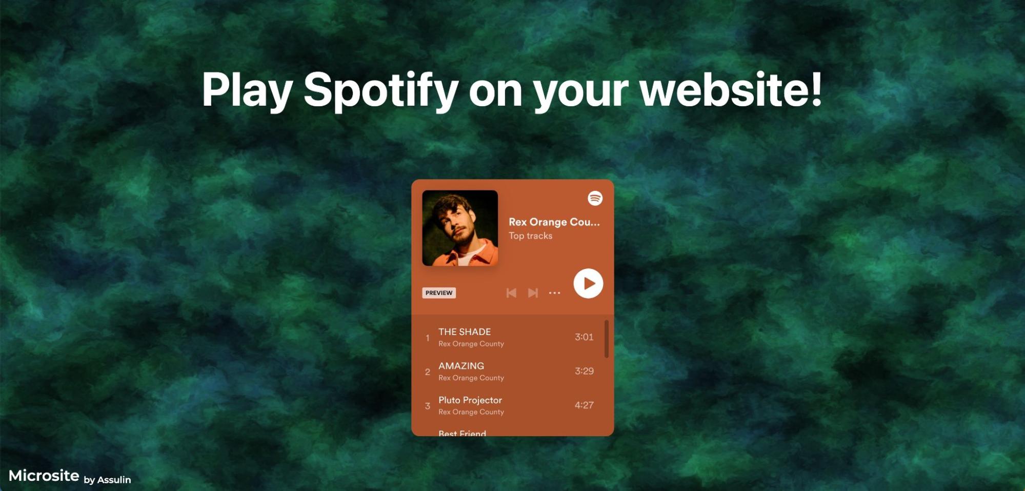 Spotify microsite cloneable. Dark emerald and navy cloudy background with Spotify widget in center