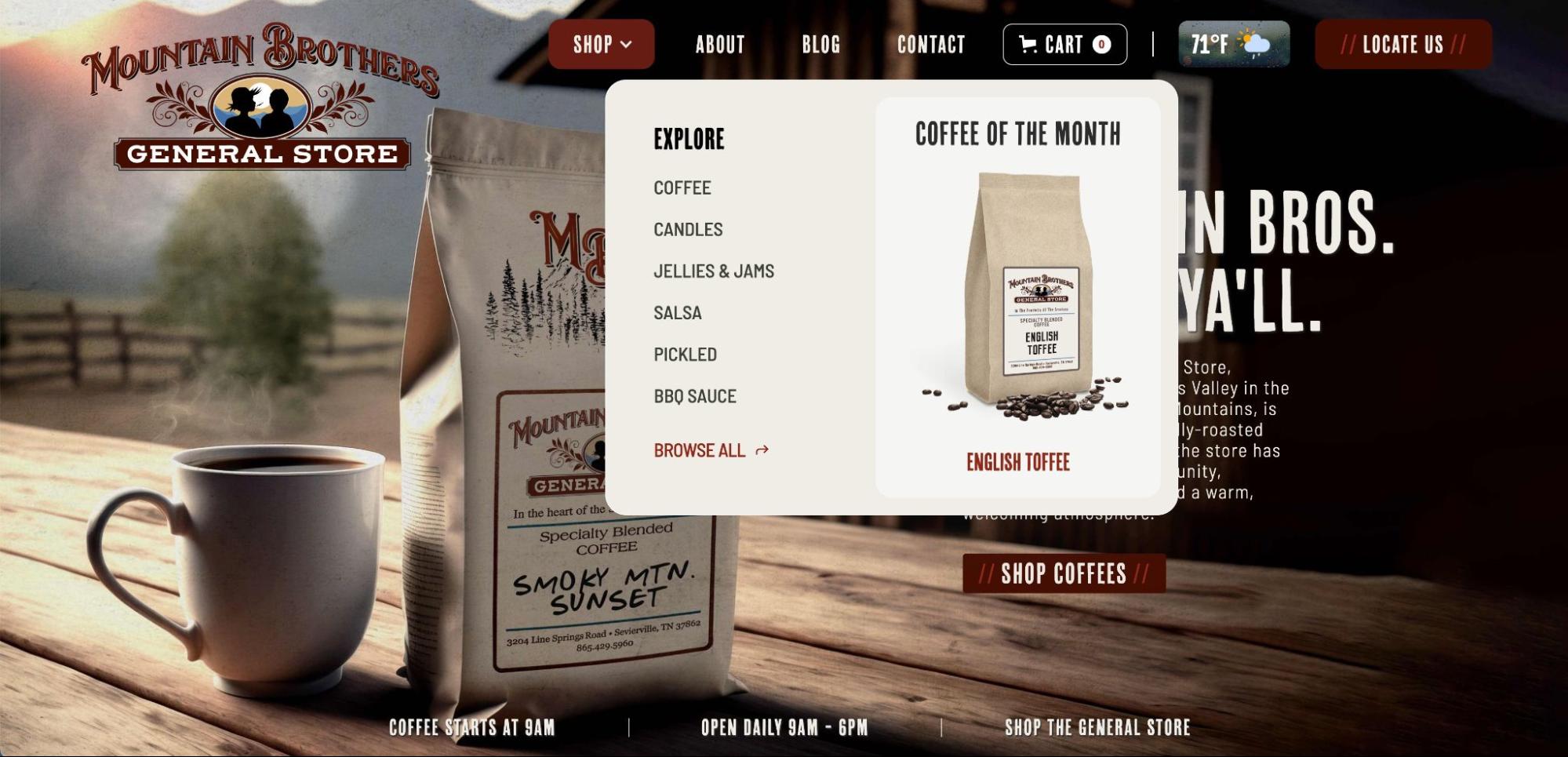 Mountain Brothers General Store homepage, showing "SHOP" dropdown menu