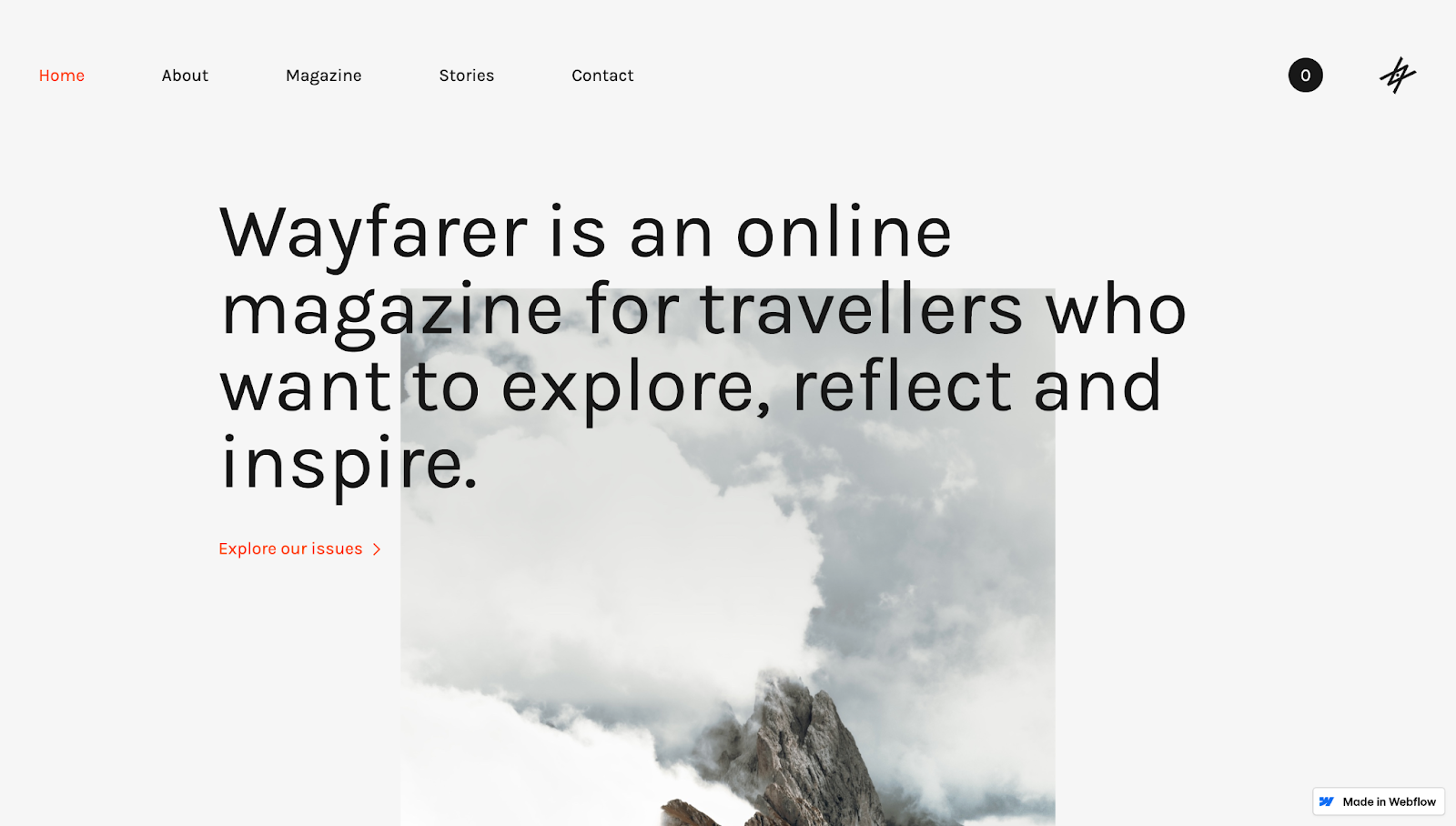 The Wayfarer digital magazine has a monochromatic layout with the text “Wayfarer is an online magazine for travellers who want to explore, reflect and inspire” against a hero image on a light gray background.