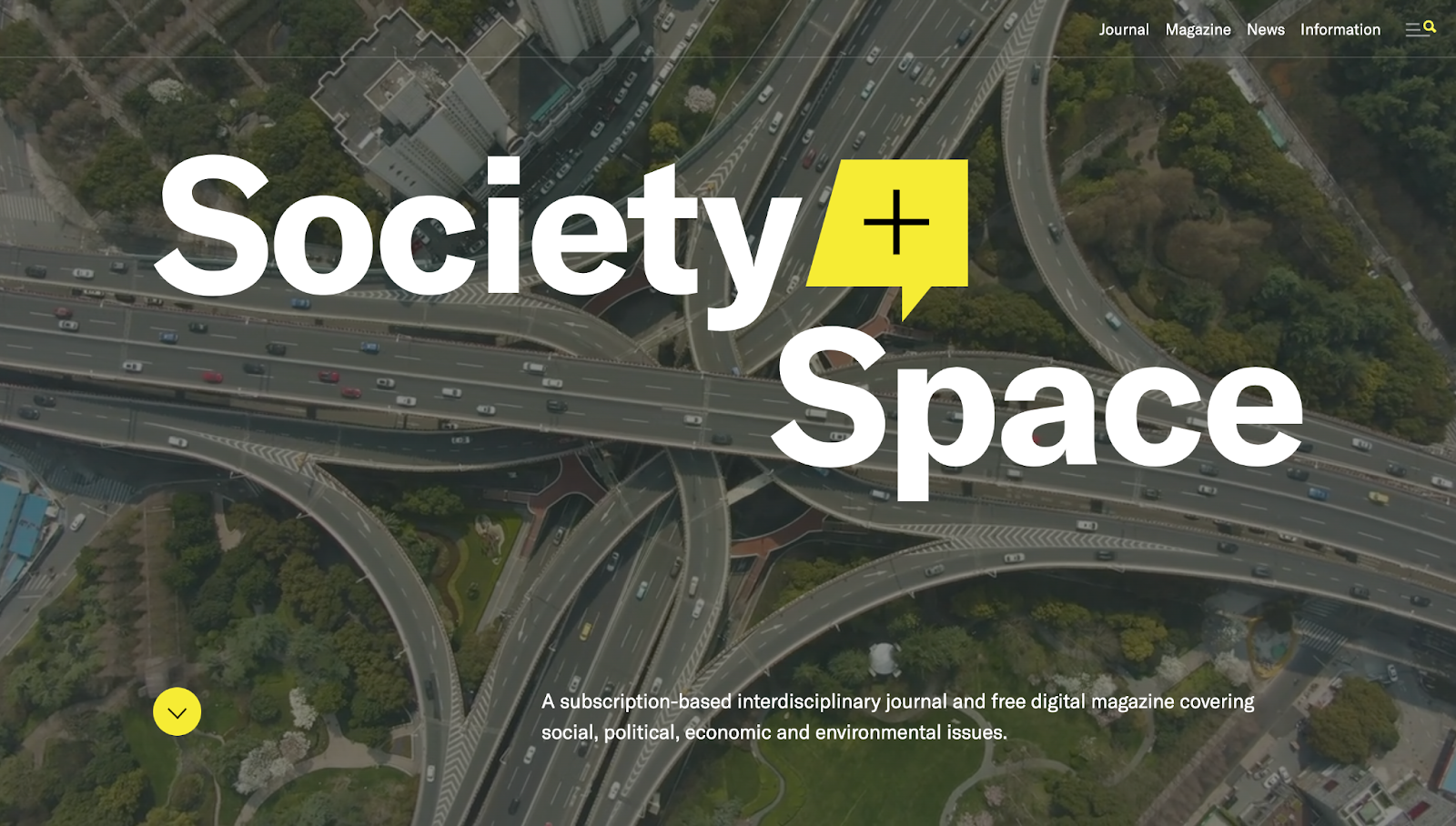 The Society+Space website has a top-down drone image of a highway interchange with the text “Society+Space” in white.