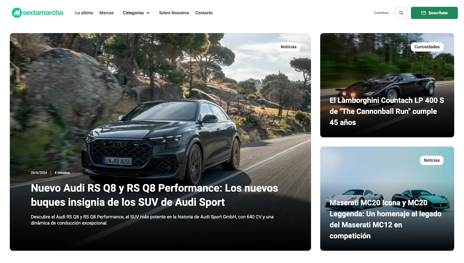 The Sexta Marcha digital magazine website has large thumbnails featuring images of sports cars with bold white headlines and descriptions.