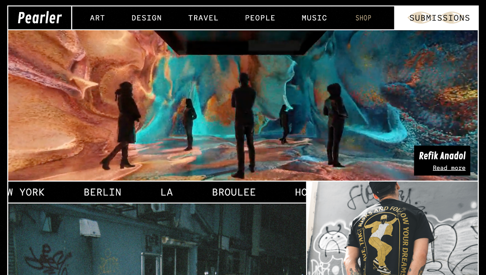 The Pearler Magazine website has a dark theme with vibrant imagery, a menu, and a white “Submissions” CTA.