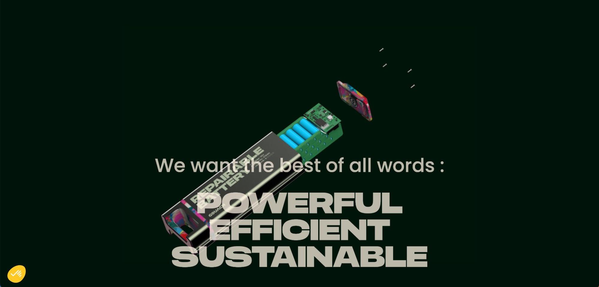 Gouach website. Still of 3D animation of battery with words "We want the best of all worlds: powerful, efficient, sustainable"