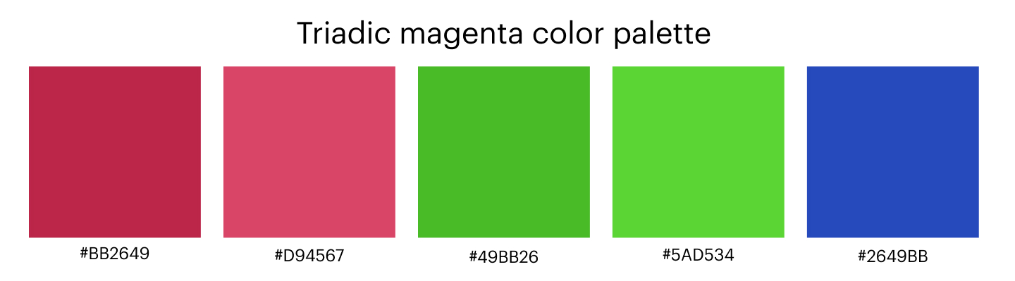 triadic magenta color palette with 5 hex codes: #BB2649, #D94567, #49BB26, #5AD534, #2649BB