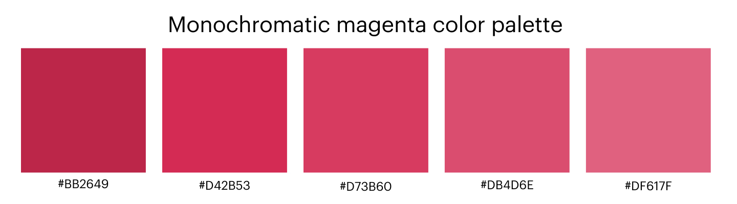 monochromatic magenta color palette with 5 colors and hex codes: #BB2649, #D42B53, #D73B60, #D84D6E, #DF617F