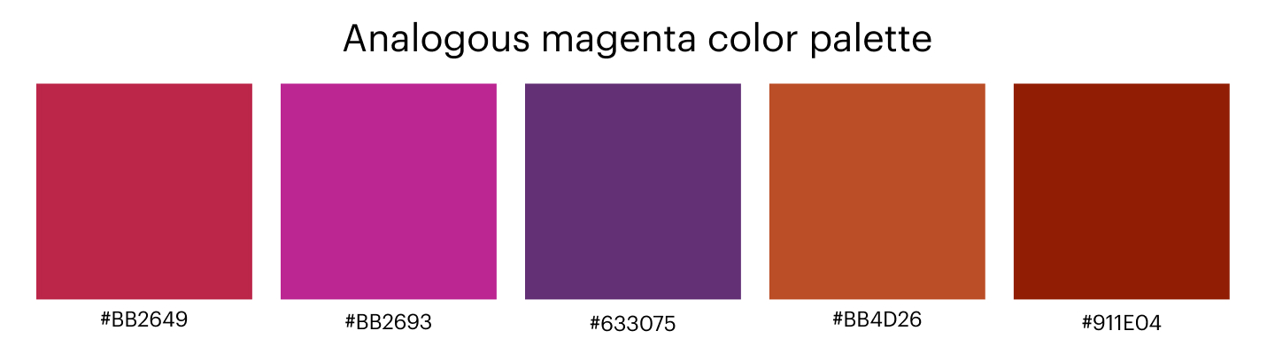 analogous magenta color palette with 5 hex codes: #BB2649, #BB2693, #633075, #BB4D26, #911E04