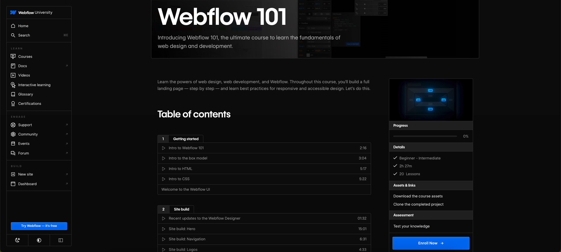 A screenshot of the Webflow 101 course header and table of contents