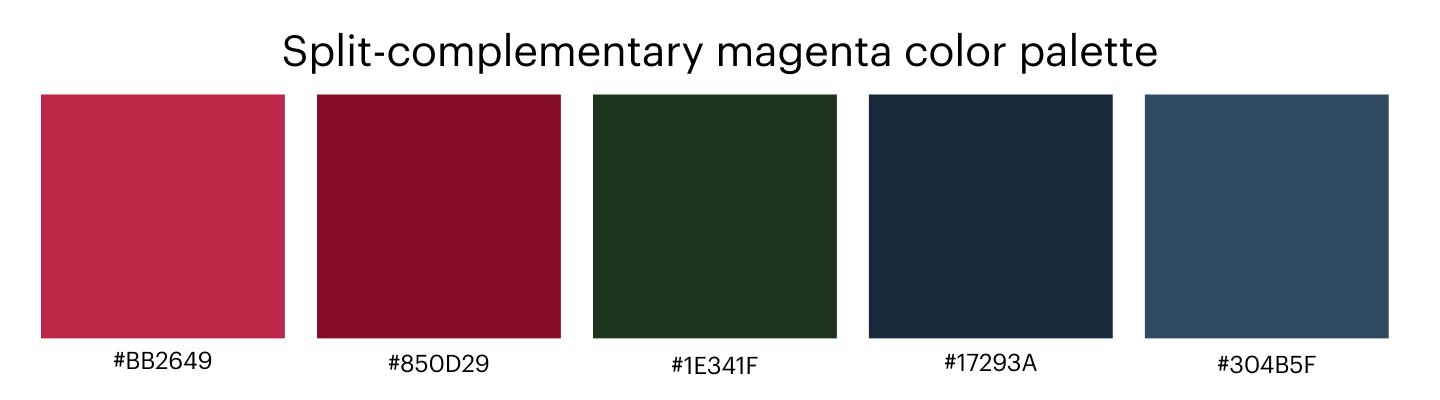 split complementary magenta color palette with 5 hex codes: #BB2649, #850D29, #1E341F, #17293A, #304B5F