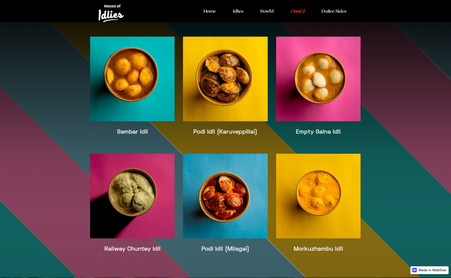 Grid of six dishes in the House of Idlies Dunk’d line against a yellow, pink, and blue-striped background.